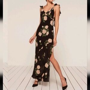 Reformation Black Pink Floral Dress Ferrara Size 8 Romantic Cottagecore Gown
